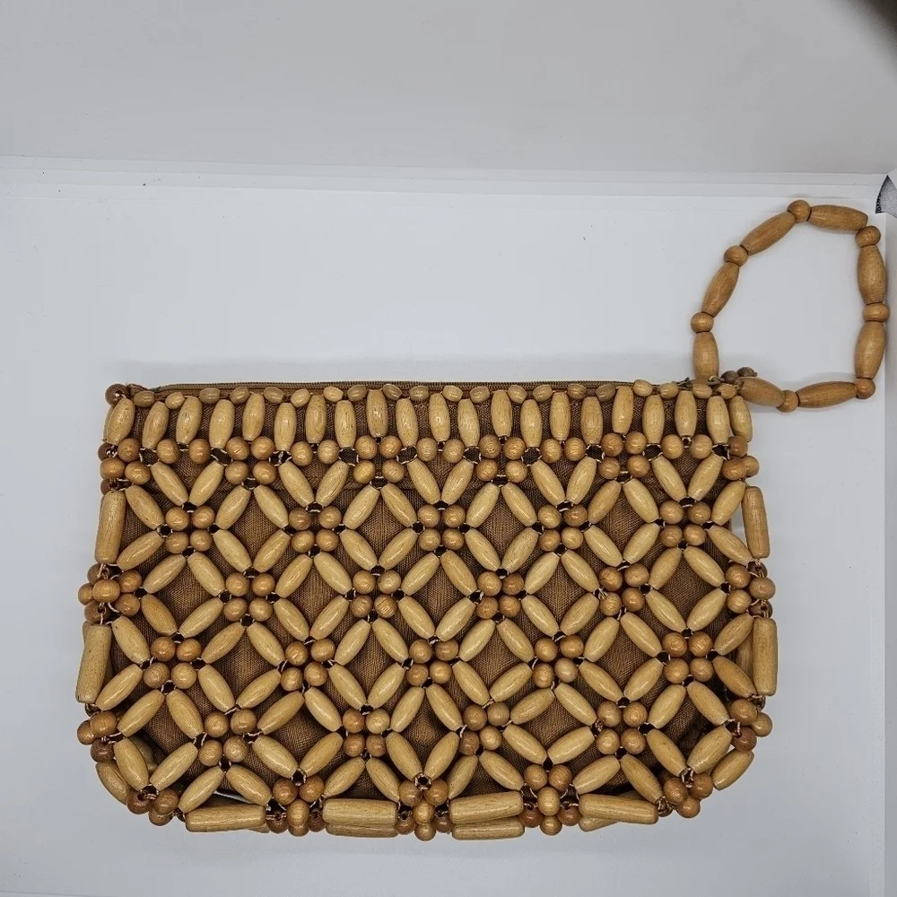 vintage wooden beaded clutch with wrist loop